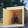 Karibu Fahrradgarage Terragrau mit geöffneter Tür und Fahrrad im Inneren.