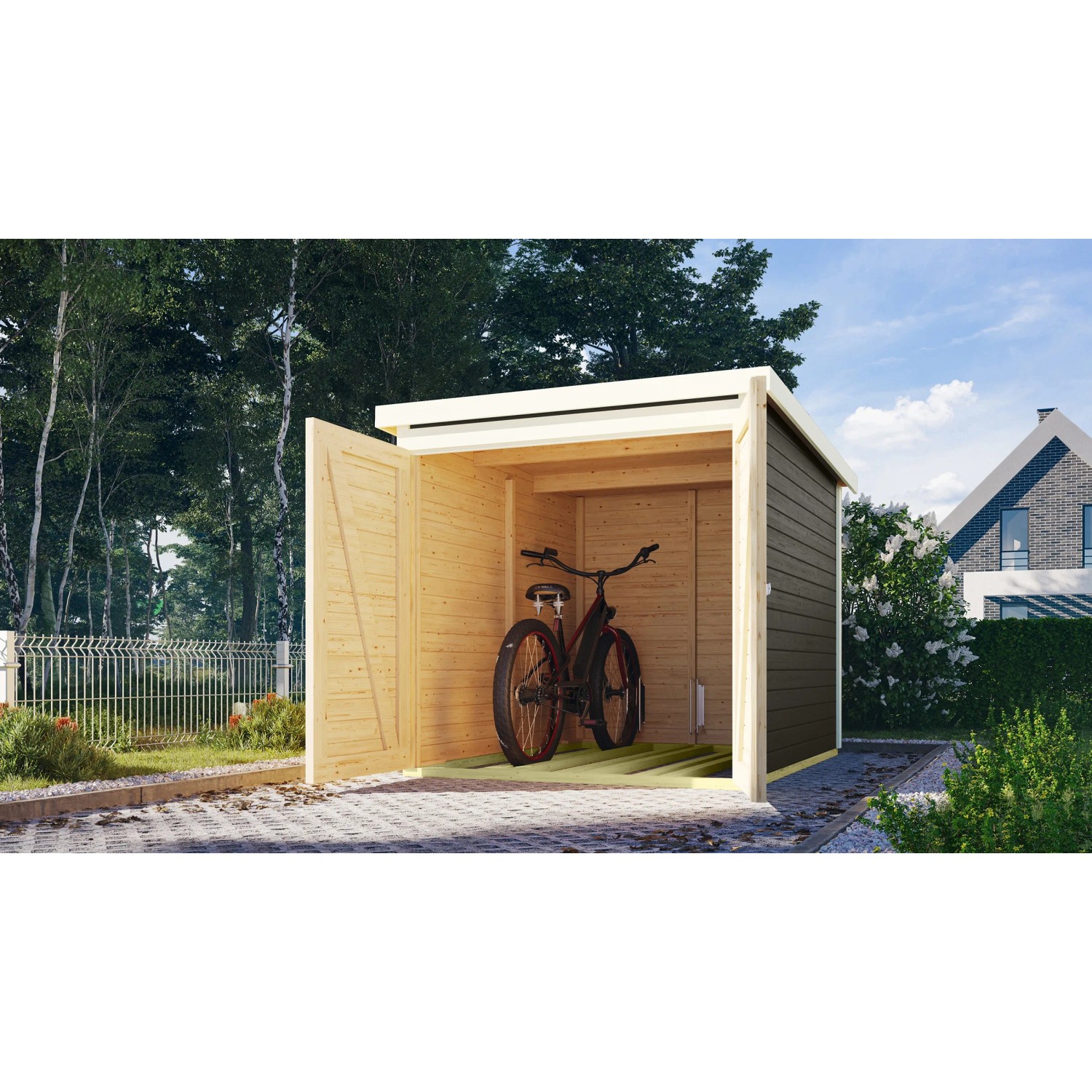 Karibu Fahrradgarage Terragrau mit geöffneter Tür und Fahrrad im Inneren.