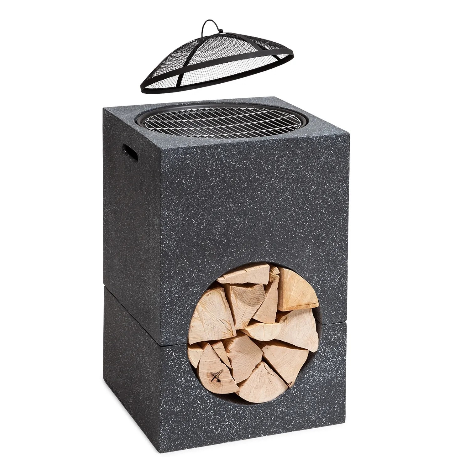 Blumfeldt Monolith Feuerschale mit Grill MGO & Stahlschale inkl. Funkenschutz Dunkelgrauer Granit