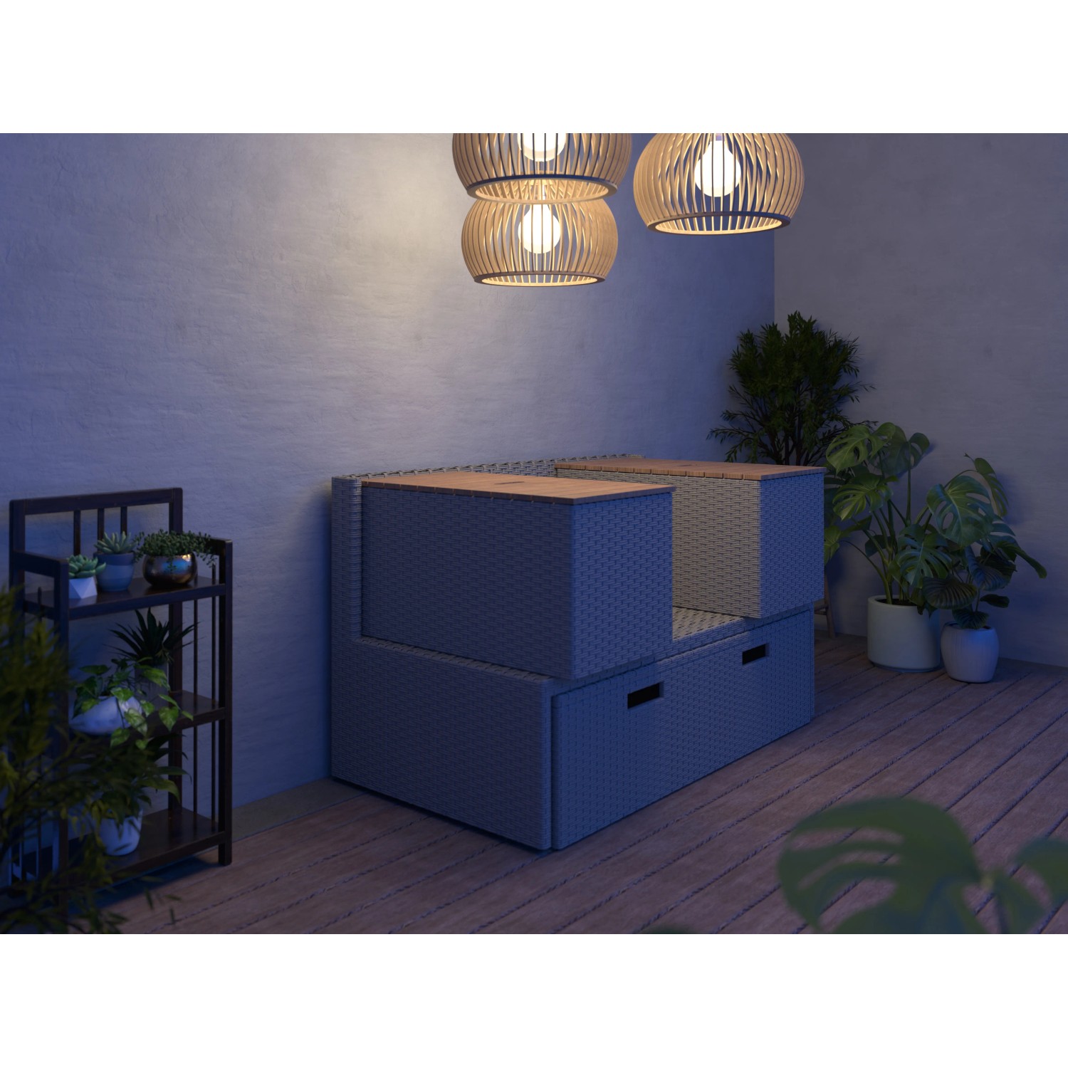 4-teiliges Lounge-Set Bostonia aus Polyrattan in Hellbraun. Gartenmöbel mit Stauraum.