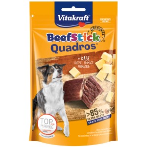 Vitakraft Beef Stick Quadros Käse, Hunde-Kaustreifen mit Käse-Stückchen im gelben Beutel.