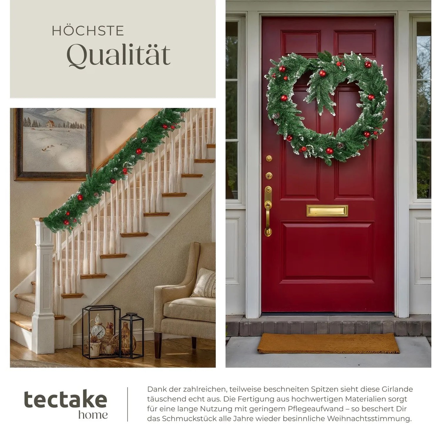 Tectake Weihnachtsgirlande mit Kugeln und Tannenzapfen an Treppe und Tür.