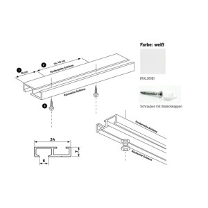 Weiße Gardinenschiene für Deckenmontage: Detailansicht mit Maßen, Schrauben und Farbmuster.