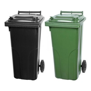 PROREGAL Mülltonnen-Set: 2 Mülltonnen (120L) in Grau/Schwarz und Grün aus HDPE-Kunststoff.