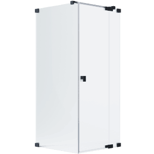 Schöner Wohnen Eckdusche mit Drehtür, Festteil und Seitenwand, schwarze Beschläge.