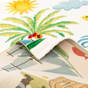 Bunter Kinderteppich mit Piratenwelt-Motiv, 140x200 cm. Kurzflorteppich mit Sonne, Palmen und Schiffen.