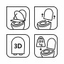 Piktogramme: WC-Sitz mit Absenkautomatik, Quick-Release, 3D-Optik und Belastbarkeit bis 200 kg.