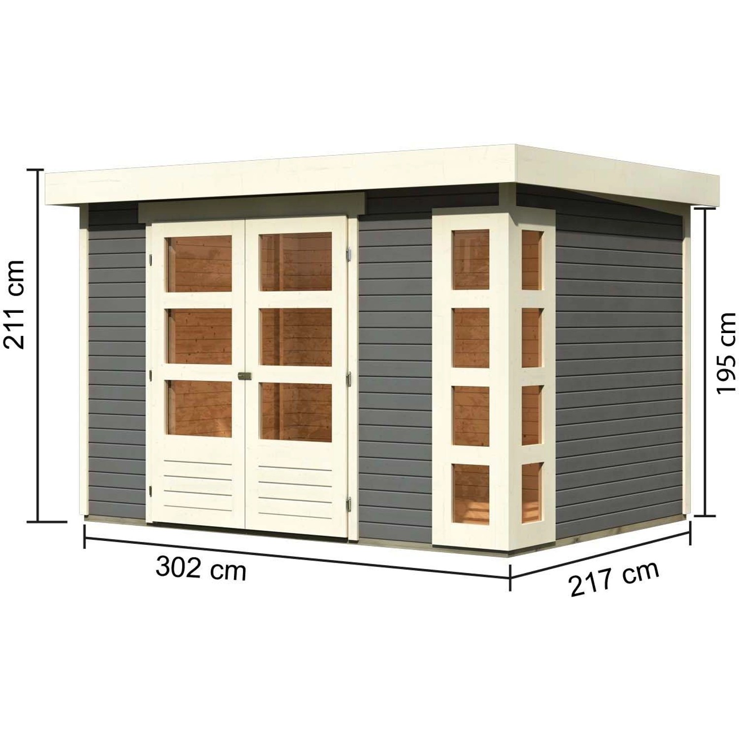 Karibu Holz-Gartenhaus Sölve, terragrau, mit Flachdach und Doppeltür. Gartenhaus mit Maßangaben.
