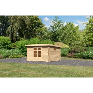 Karibu Gartenhaus Jeebel 4 m, naturbelassen, mit Doppeltür und Fenster im Garten.