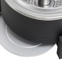 Detailaufnahme der Feuerstelle mit Grillrost, schwarz/Edelstahl, mit Ablage.