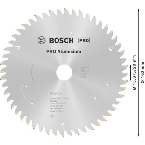 Silbernes Bosch Kreissägeblatt Aluminium, Ø 160 mm, 52 Zähne. Ideal für Akkusägen und präzise Metall-Trockenschnitte.