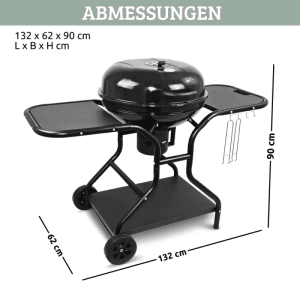 Schwarzer DELUKE Kugelgrill EUGEN mit Ablagen, Grillhaken und Grillhandschuhen.