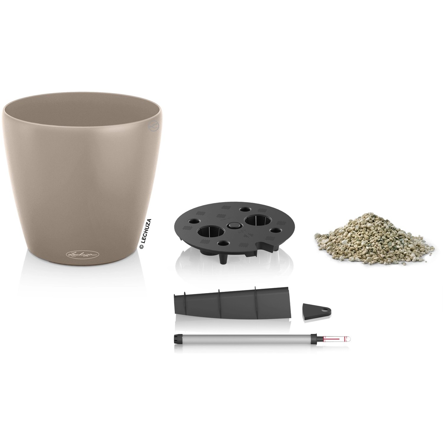 Lechuza Classico Color Pflanzgefäß, Ø 35 cm, sandbraun, mit Bewässerungssystem und Zubehör.