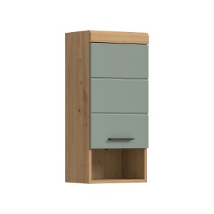 Hängeschrank in Eiche-Optik mit Salbei-Front, 37x79x24 cm, für Bad und Hauswirtschaftsraum.