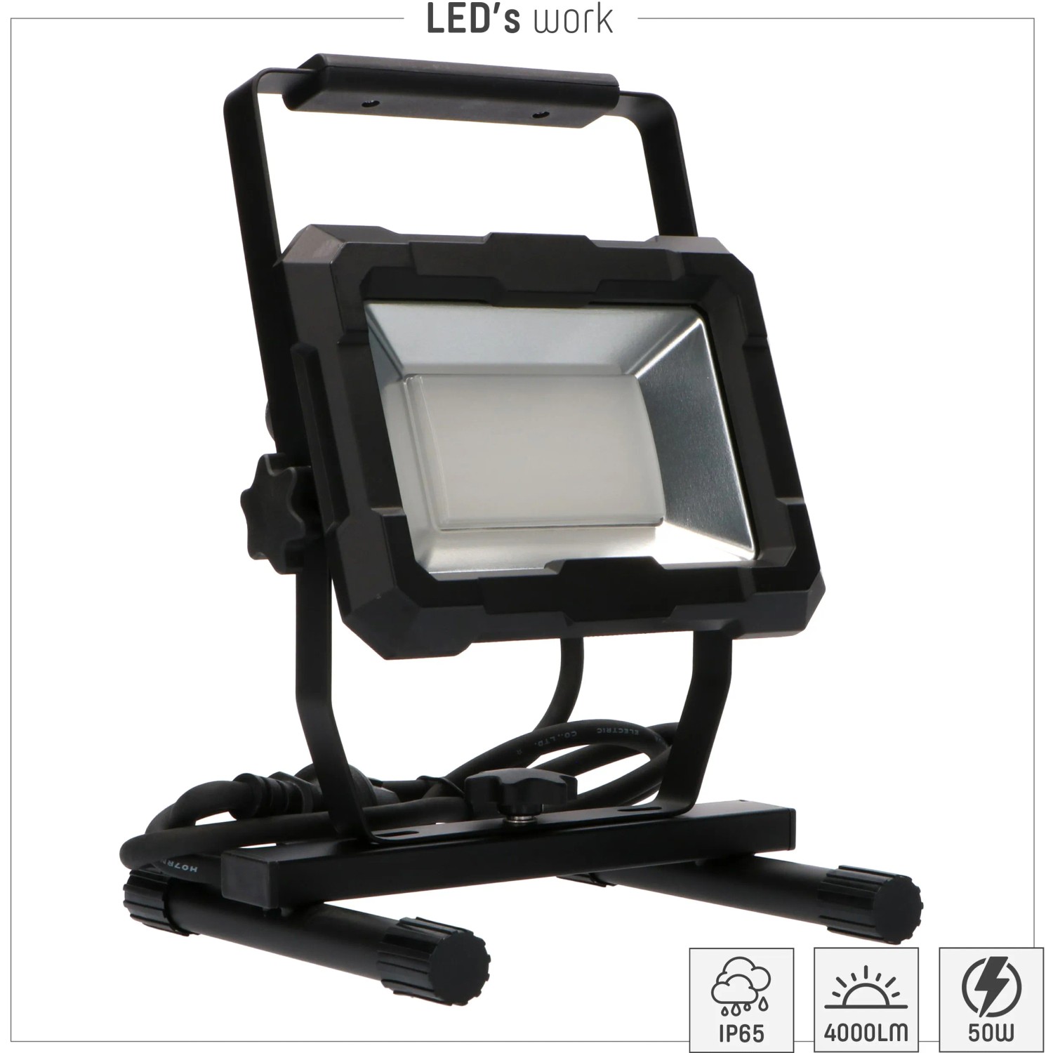 Schwarzer LED-Baustrahler 50W, 4200 Lumen, 4000K, IP65 mit robustem Metallgestell.
