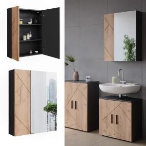 Vicco Badspiegelschrank Irma, anthrazit/Eiche, 60x75cm, mit Stauraum und Spiegelfront.