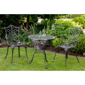 3-teilige Gartenmöbelgruppe Lugano aus pulverbeschichtetem Aluminiumguss mit filigranen Ornamenten.