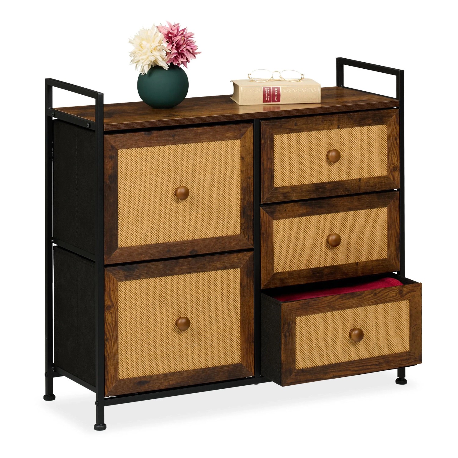 Relaxdays Kommode MDF Eisen Braun Schwarz mit 5 Schubladen Rattan Optik 77 cm x 85 cm x 31,5 cm 10,3 kg