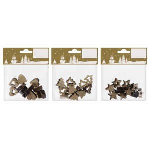 Holz Streudeko: 13 Natur-Teile in Herz-, Stern- und Tannenbaumform für Weihnachtsdekoration.