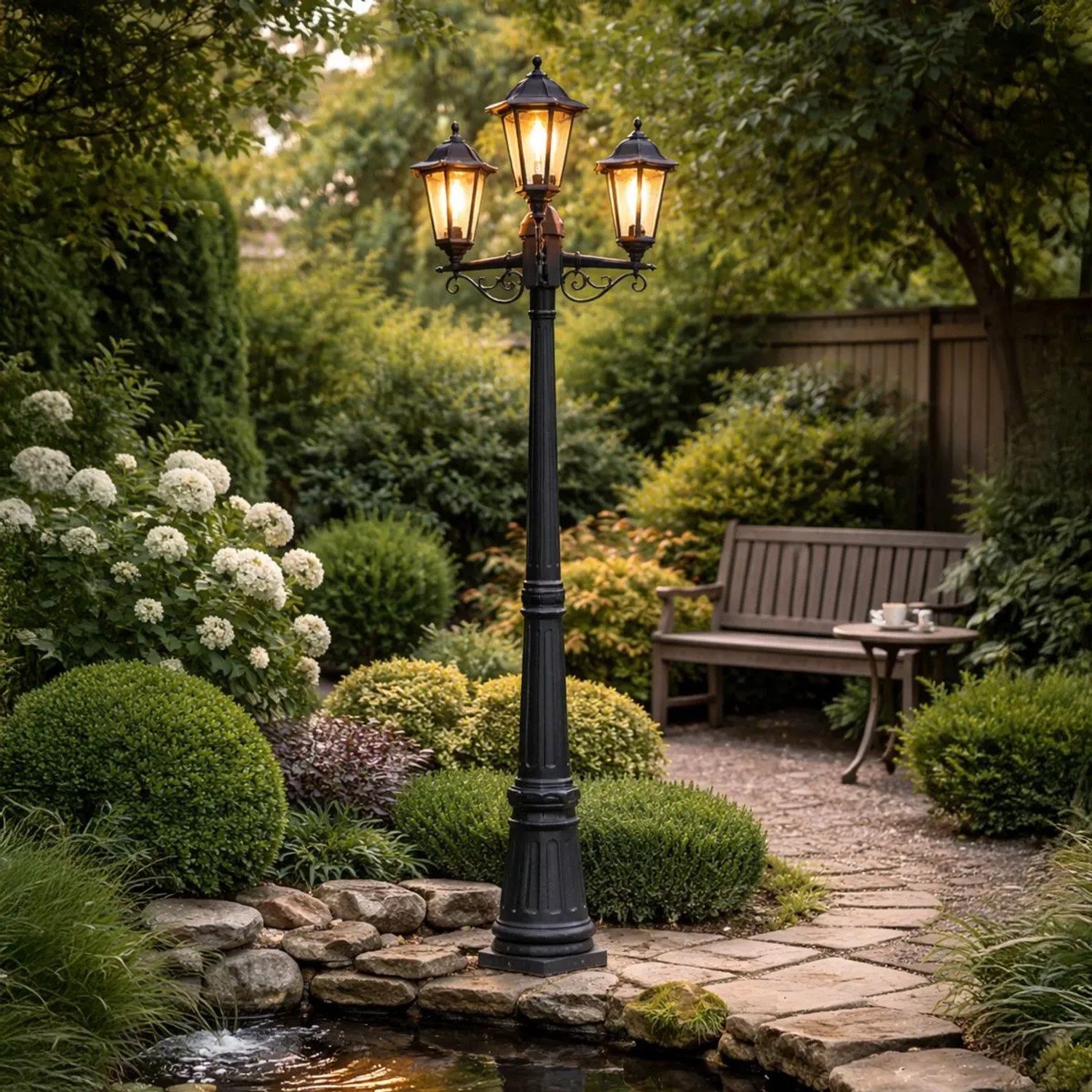 Schwarze QAZQA Außenlaterne New Haven mit 3 Lampen im Garten.