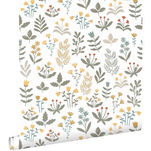 ESTAhome Tapete Feldblumen Dunkelgrün und Gelb 50 x 900 cm