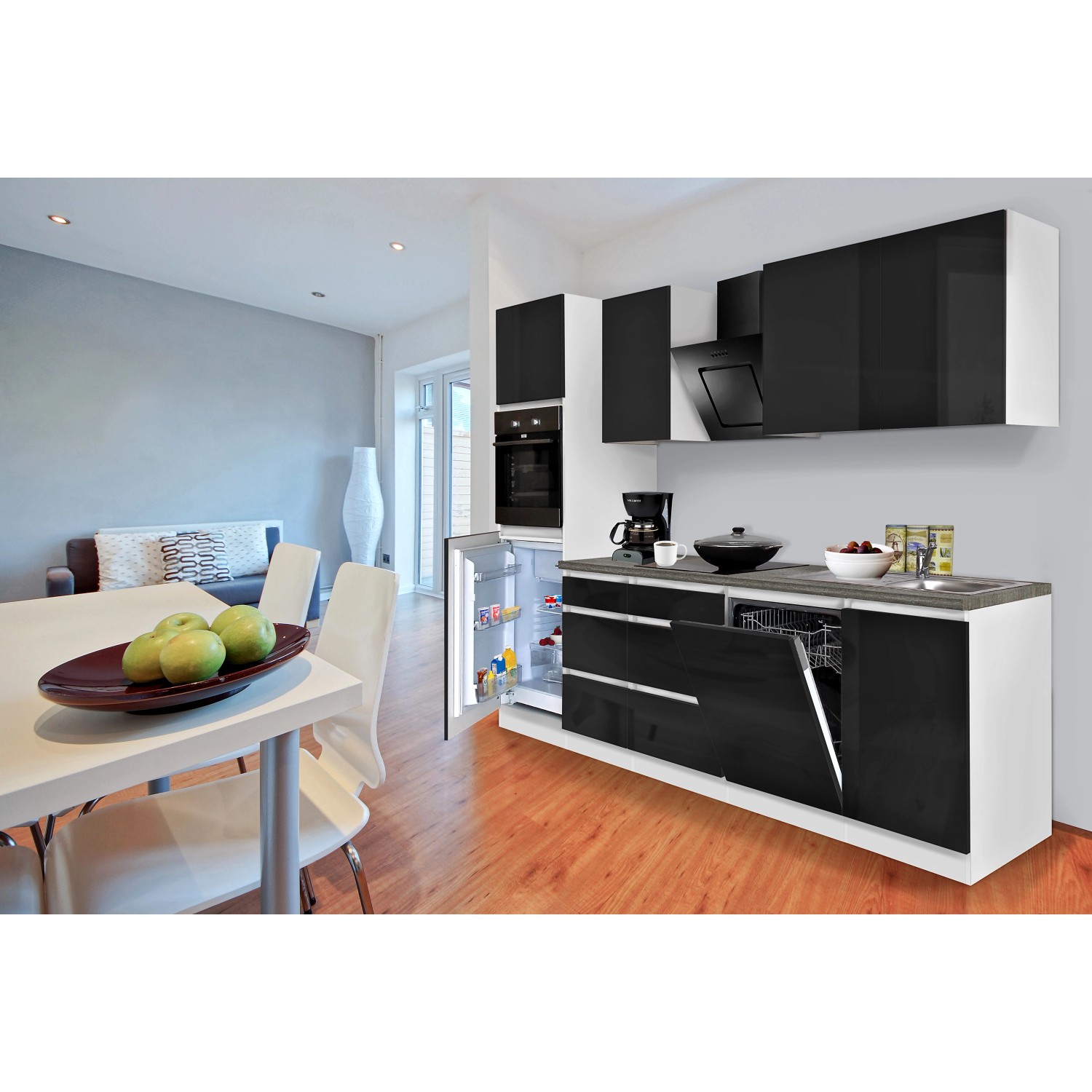 Respekta Premium Küchenzeile/Küchenblock 280 cm Grifflos Schwarz Hochglanz-Weiß