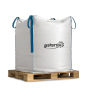 Galamio Granitpflaster 8/11 gespalten im weißen BigBag mit blauen Schlaufen auf Holzpalette.