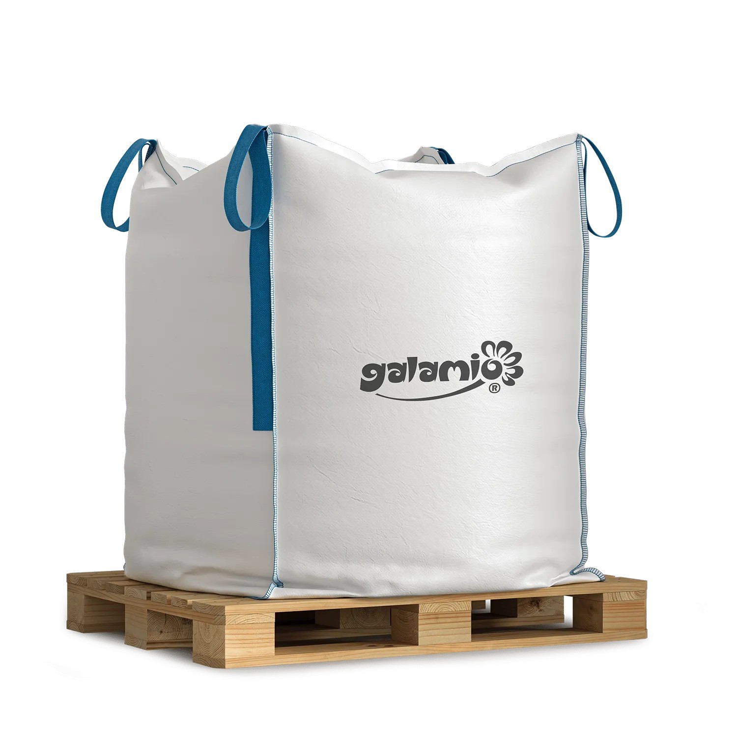 Galamio Granitpflaster 8/11 gespalten im weißen BigBag mit blauen Schlaufen auf Holzpalette.