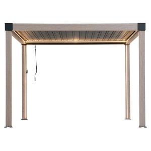 Sunjoy Multi-Pergola Matterhorn Eiche, 306x306 cm, mit verstellbaren Lamellen und LED-Beleuchtung.