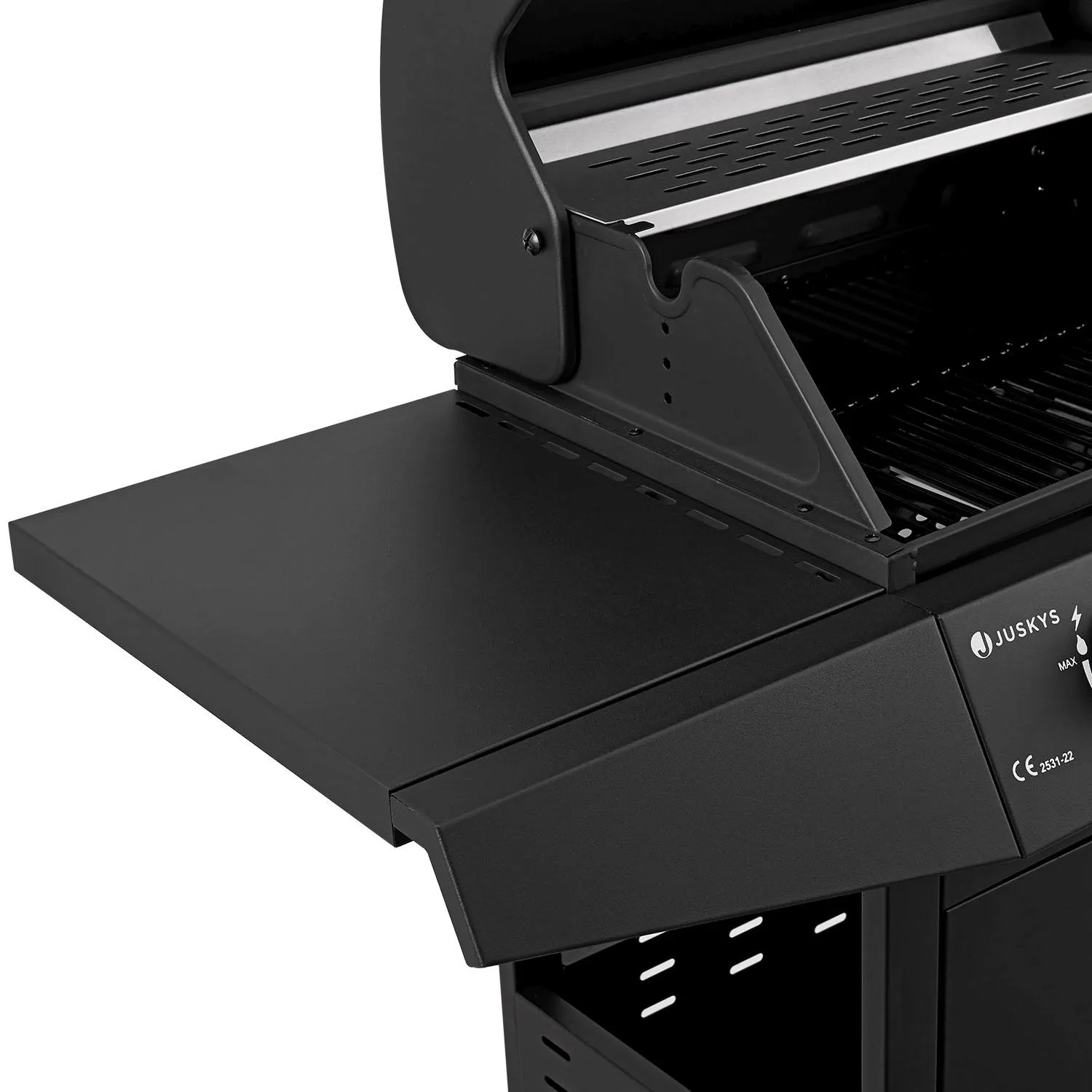 Detailaufnahme: Schwarzer Juskys BBQ Gasgrill Louisiana mit Seitenablage und Grillrost.
