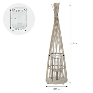 Bambus Laterne, 110cm hoch, Holzfarbe, Boho Stil mit Kerzenglas und LED-Lichterkette.