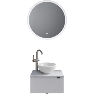 Pelipal Badmöbel-Set Serie 6915, Weiß Glanz/Marmor Weiß, mit Aufsatzbecken und LED-Spiegel.