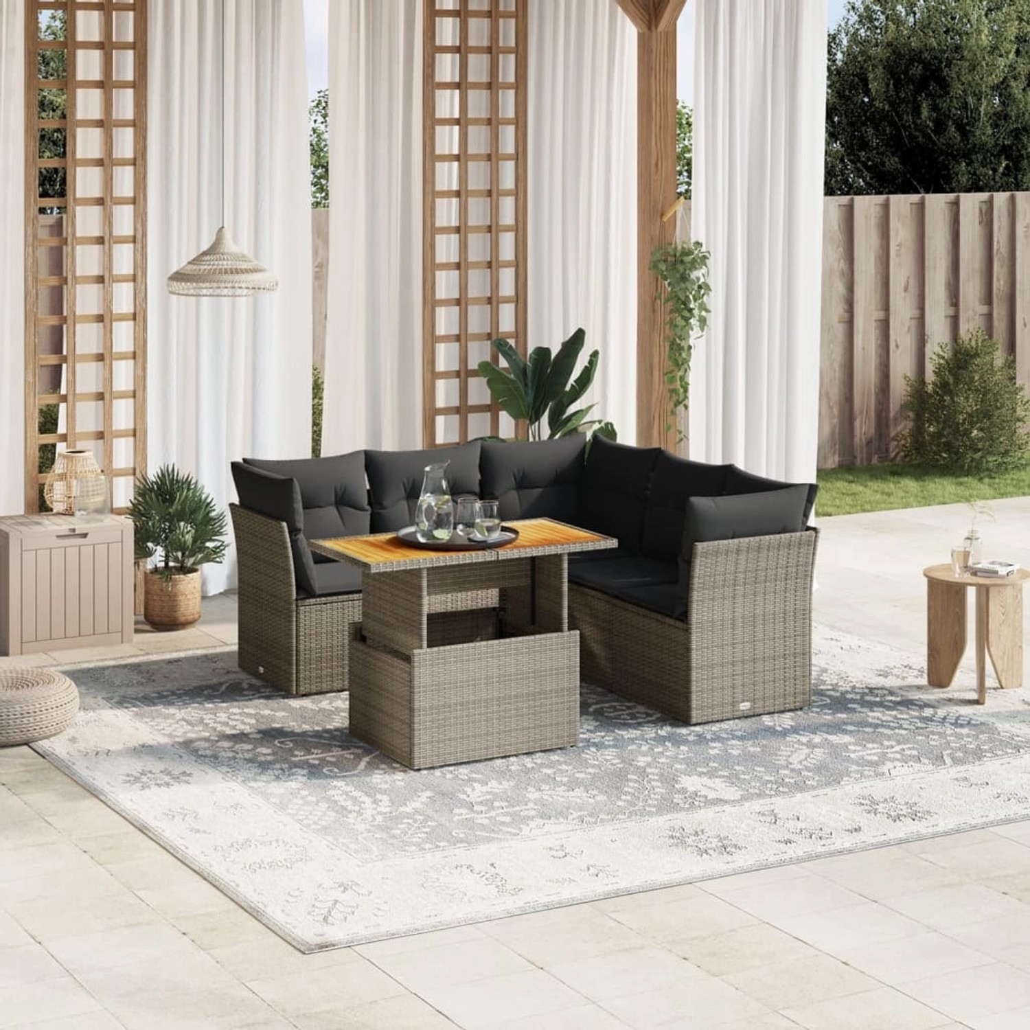 Graue 5-tlg. vidaXL Garten-Sofagarnitur aus Polyrattan mit Tisch und Kissen.