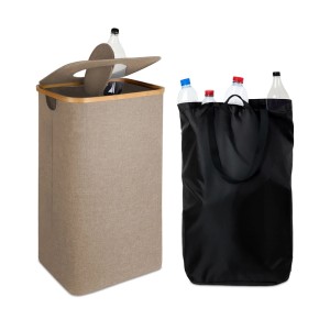 Relaxdays Pfandflaschen Sammelbehälter Baumwolle EVA Bambus Beige Mit Deckel 100 l 70 cm x 42 cm x 34 cm 1,3 kg