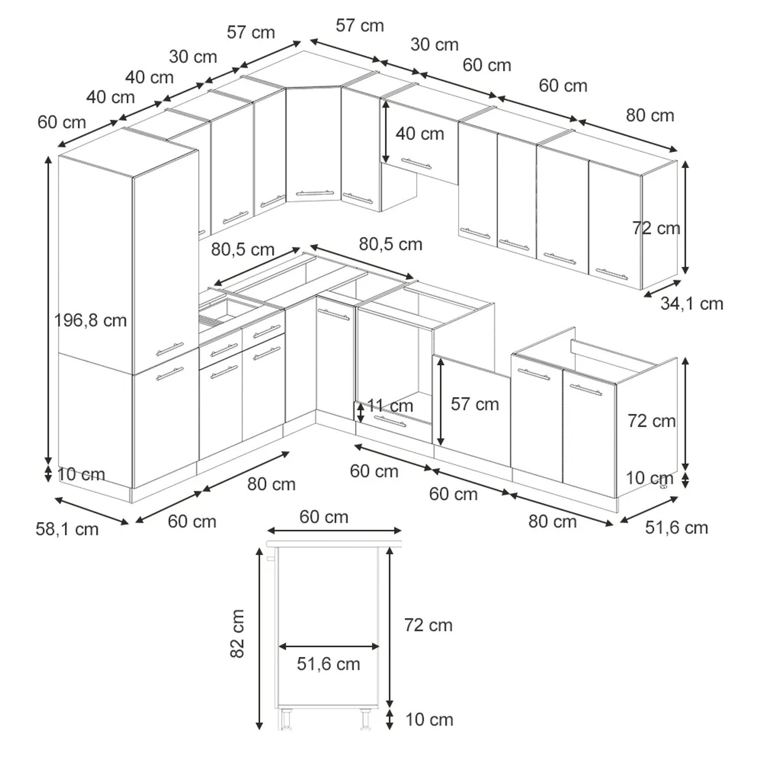 Skizze der Fame-Line Eckküche in Eiche/Anthrazit mit Maßangaben.