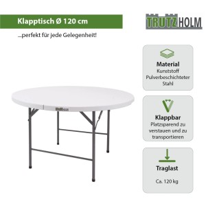 Runder, weißer TRUTZHOLM Klapptisch (Ø 120cm) aus Kunststoff und Stahl für Camping & Garten.