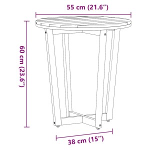 Skizze eines runden Garten-Beistelltischs aus Akazienholz, Ø55x60 cm, mit Lattenrost-Tischplatte und Kreuzfuß.