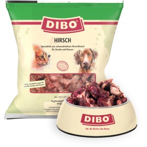 Dibo Hirsch Barf- und Frostfutter für Hunde und Katzen, 1kg Packung und Schale mit Futter.
