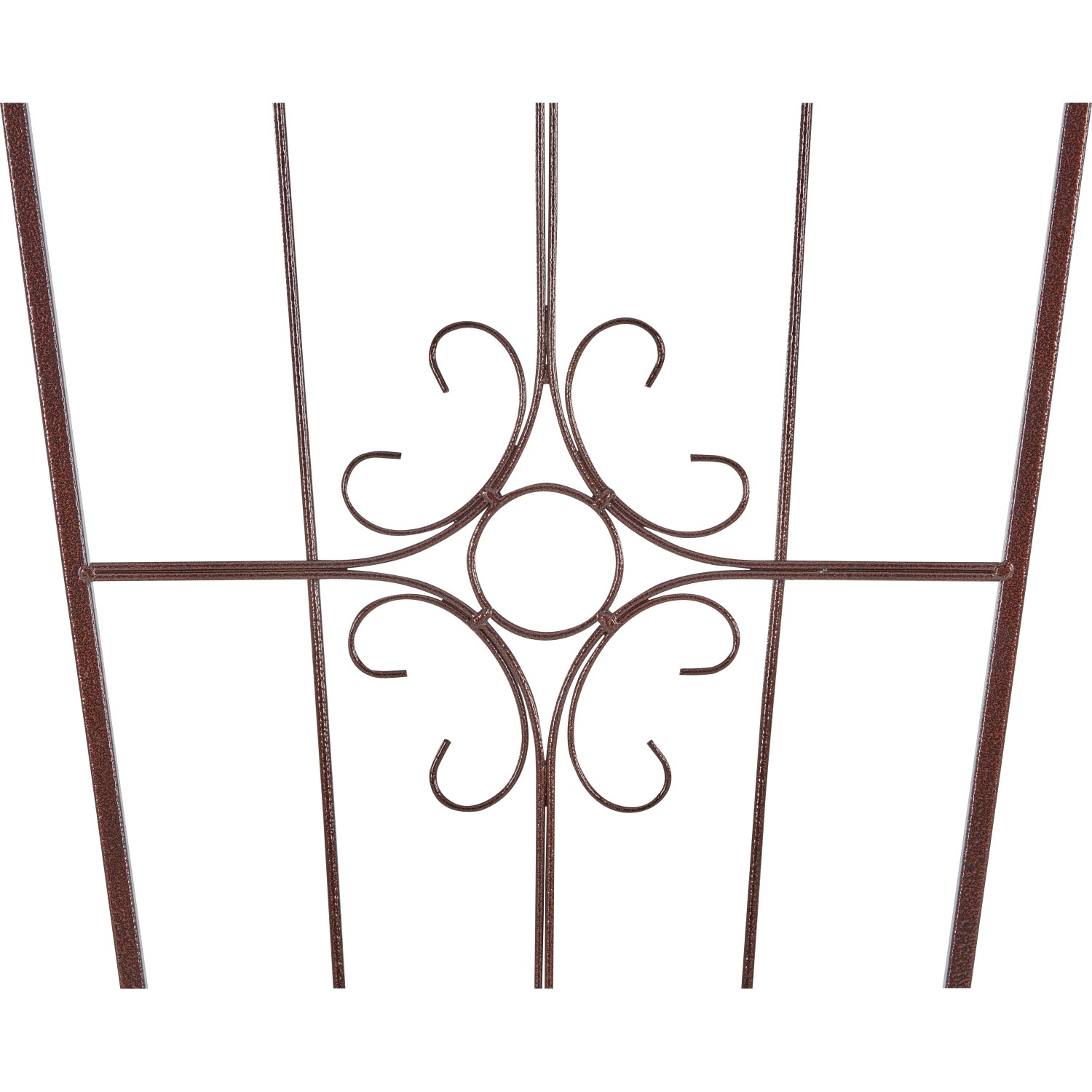 Detailansicht: Bronze-farbenes Eisen Spalier mit filigranem Muster für Kletterpflanzen.
