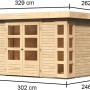 Karibu Gartenhaus Sölve, unbehandelt, mit Flachdach und Maßangaben. Holz-Gartenhaus für den Garten.