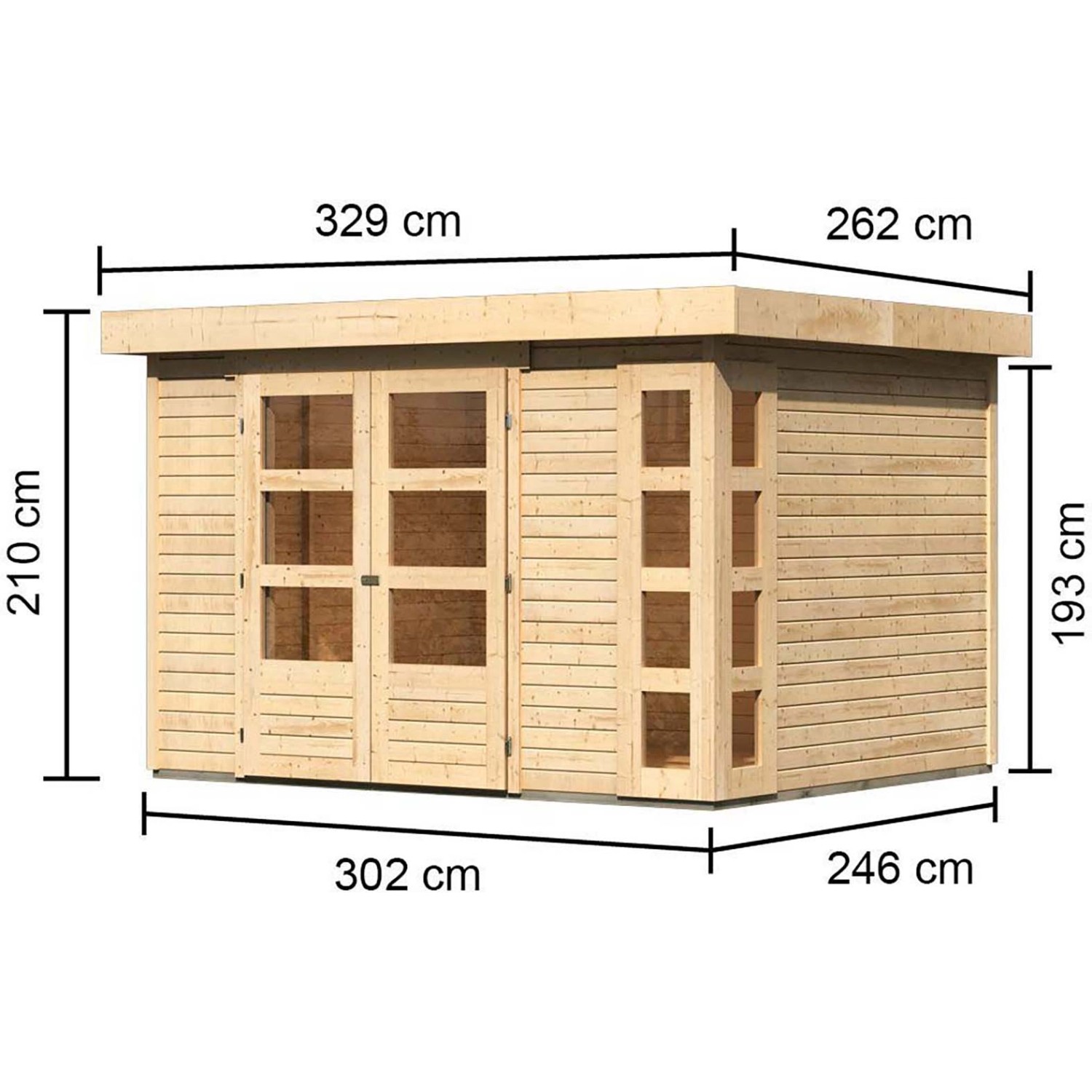 Karibu Gartenhaus Sölve, unbehandelt, mit Flachdach und Maßangaben. Holz-Gartenhaus für den Garten.