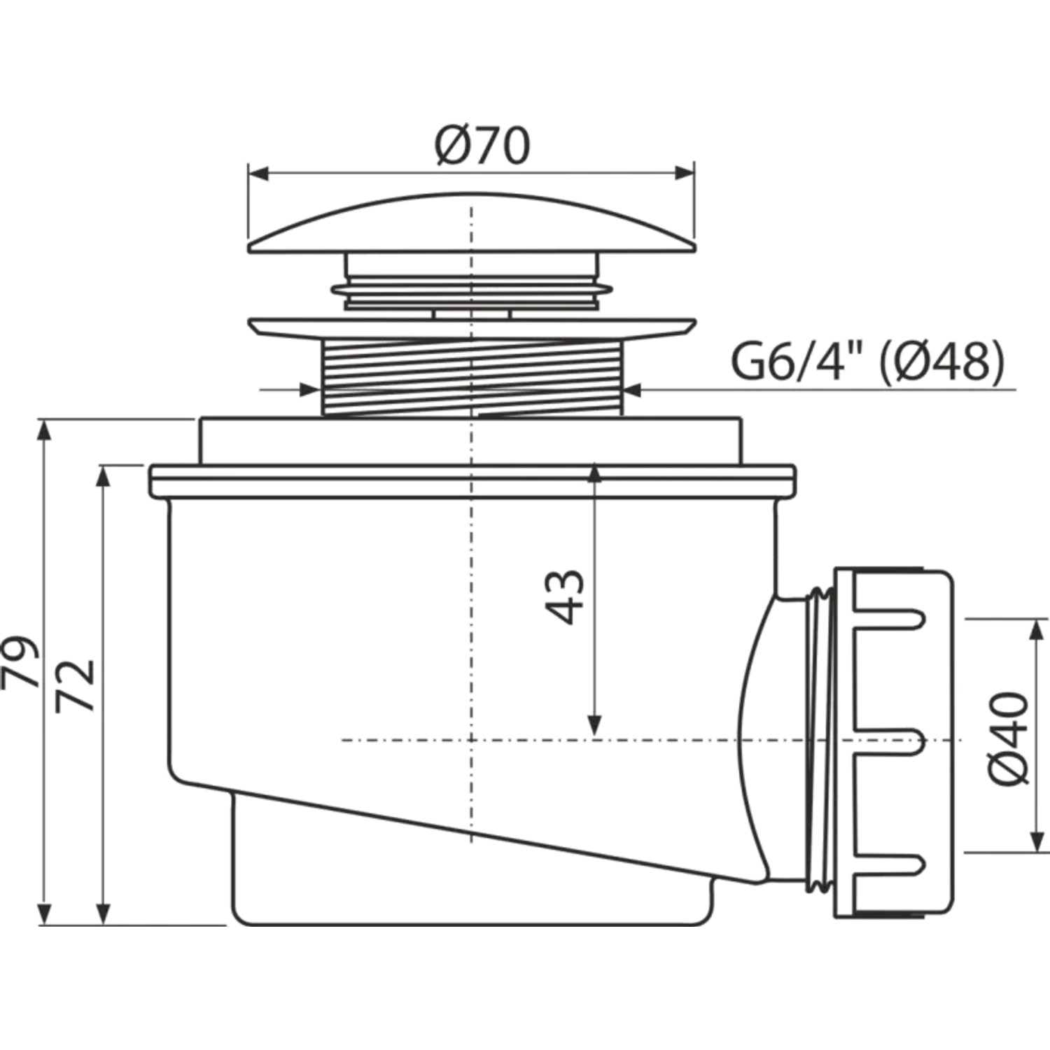Technische Zeichnung der Alcadrain Ablaufgarnitur CLICK/CLACK für Duschwannen Ø 50 mm, DN 40. Detaillierte Ansicht mit Maßen.