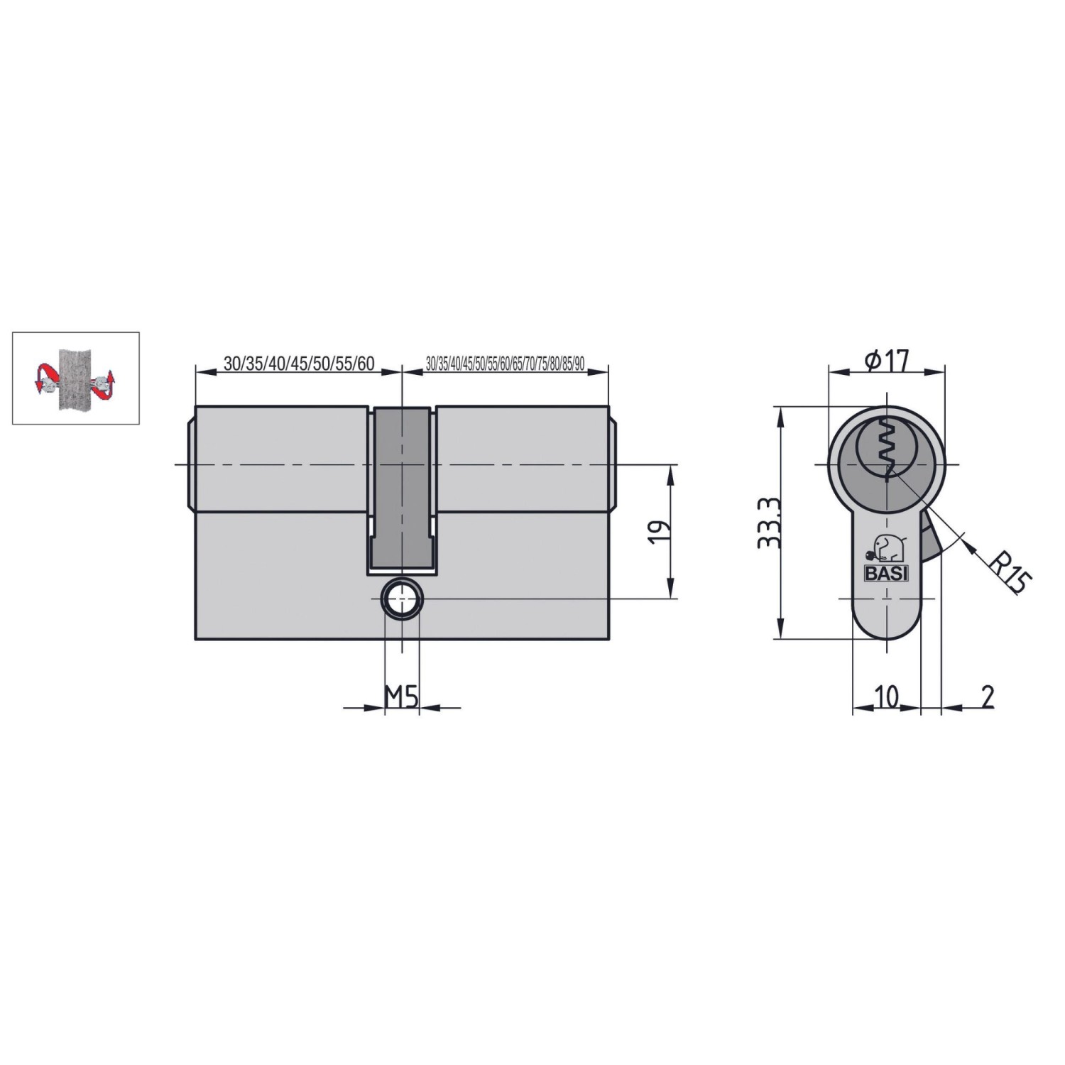 Technische Zeichnung Basi Profil-Doppelzylinder 40/80 mm mit Not- und Gefahrenfunktion.