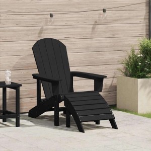 Schwarzer vidaXL Adirondack-Stuhl aus HDPE mit Fußstütze für Garten und Terrasse.