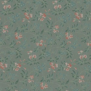 Florale Vliestapete mit roten und blauen Blüten auf grün-grauem Hintergrund. Dekorative Tapete mit Blumenmuster.