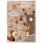 Braun-beiger Kinderteppich mit Fuchs, Bär, Hase, Bäumen und Sternen, 80x150 cm.