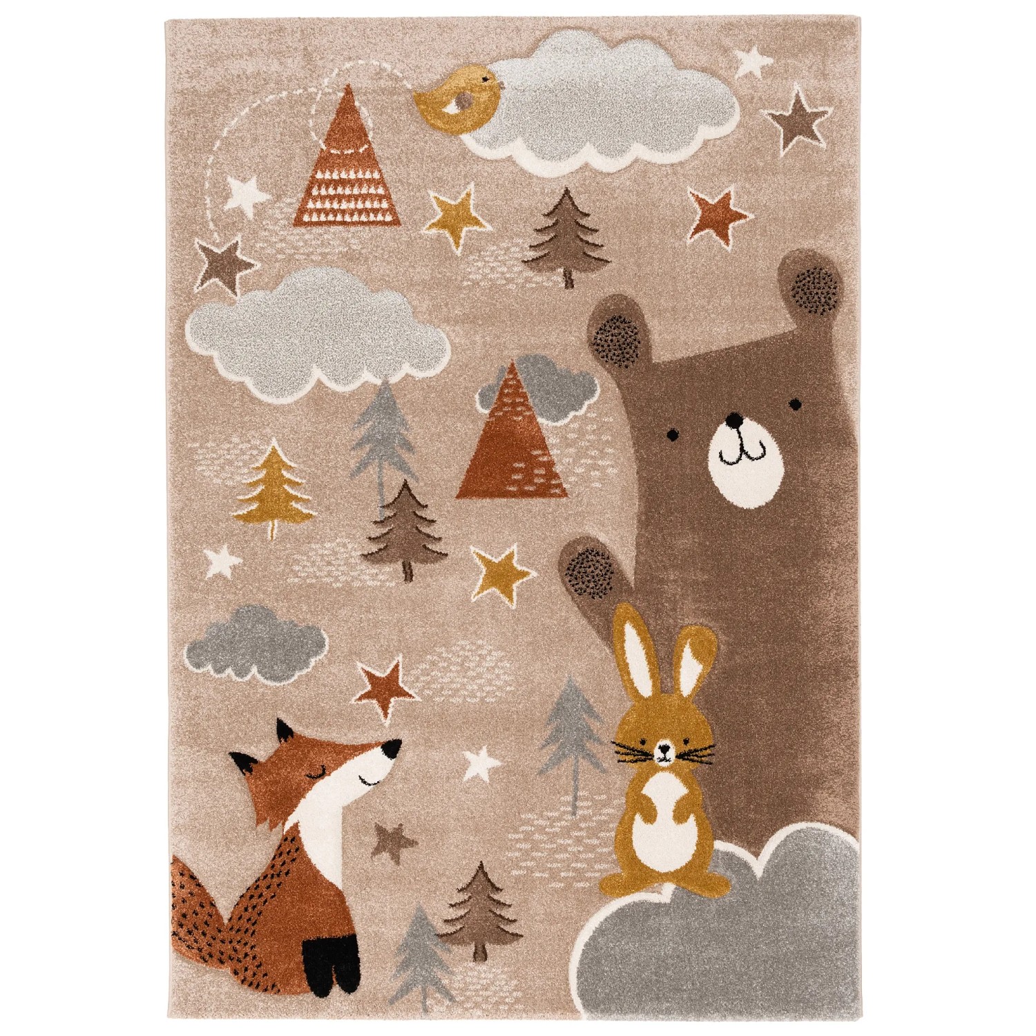 Braun-beiger Kinderteppich mit Fuchs, Bär, Hase, Bäumen und Sternen, 80x150 cm.