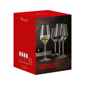 Spiegelau Style Champagnergläser 4er Set aus Kristallglas in roter Box. Ein Glas mit Sekt, drei leer. Elegantes Geschirr.