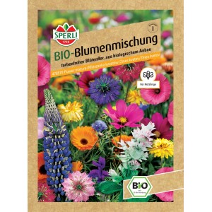 Samenpackung Sperli Bio Blumenmischung Naturgarten mit farbenfrohen Sommerblumen.