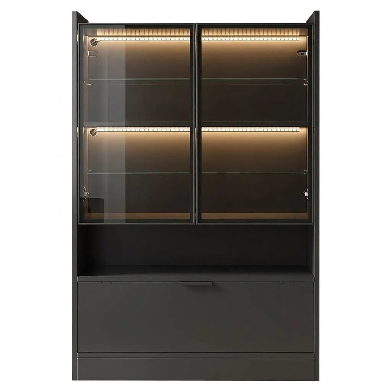 Merax Vitrine mit APP LED Glastür Klapptür Schwarz Matt 120 cm